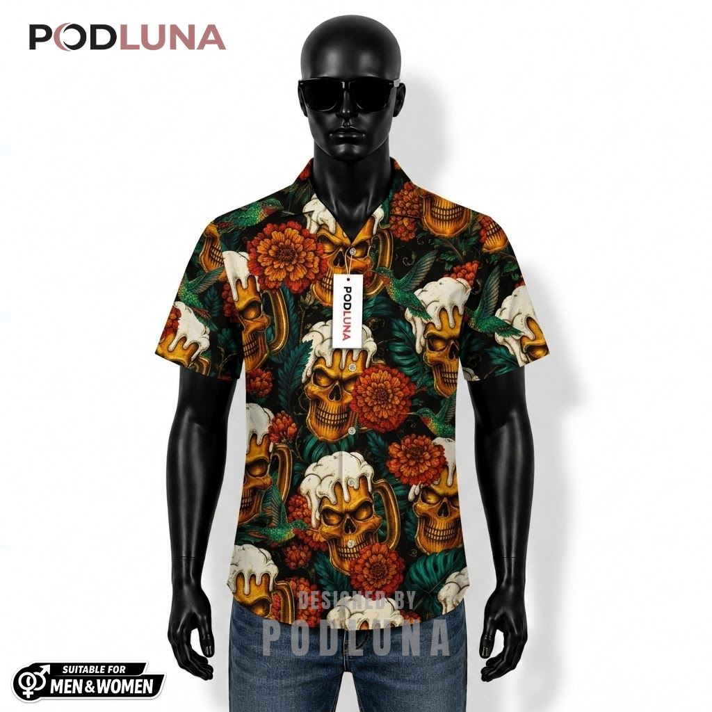 Skull Beer Hawaiian Shirt Floral Hummingbird Pattern Front