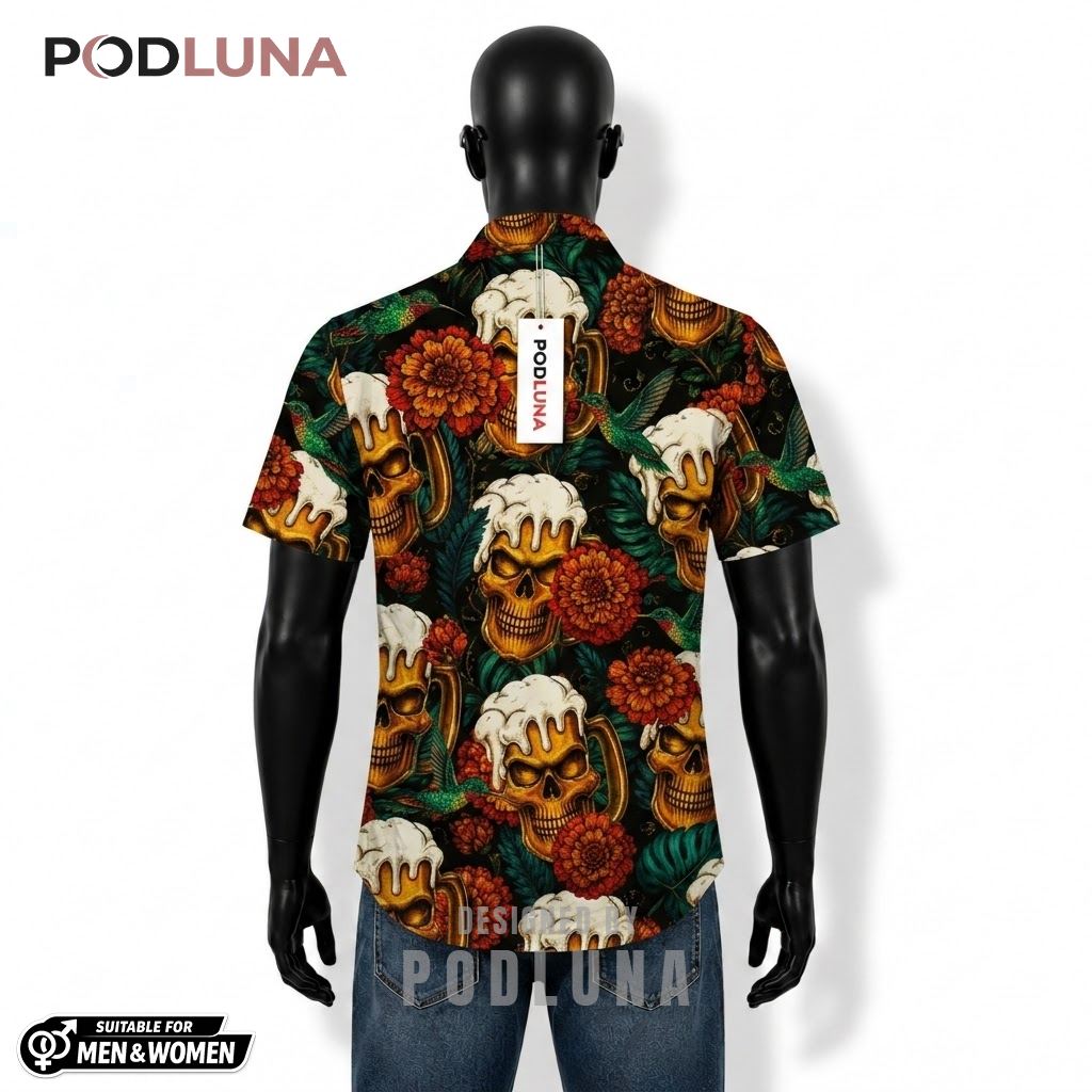 Skull Beer Hawaiian Shirt Floral Hummingbird Pattern Back Skull Beer Hawaiian Shirt Floral Hummingbird Pattern Back