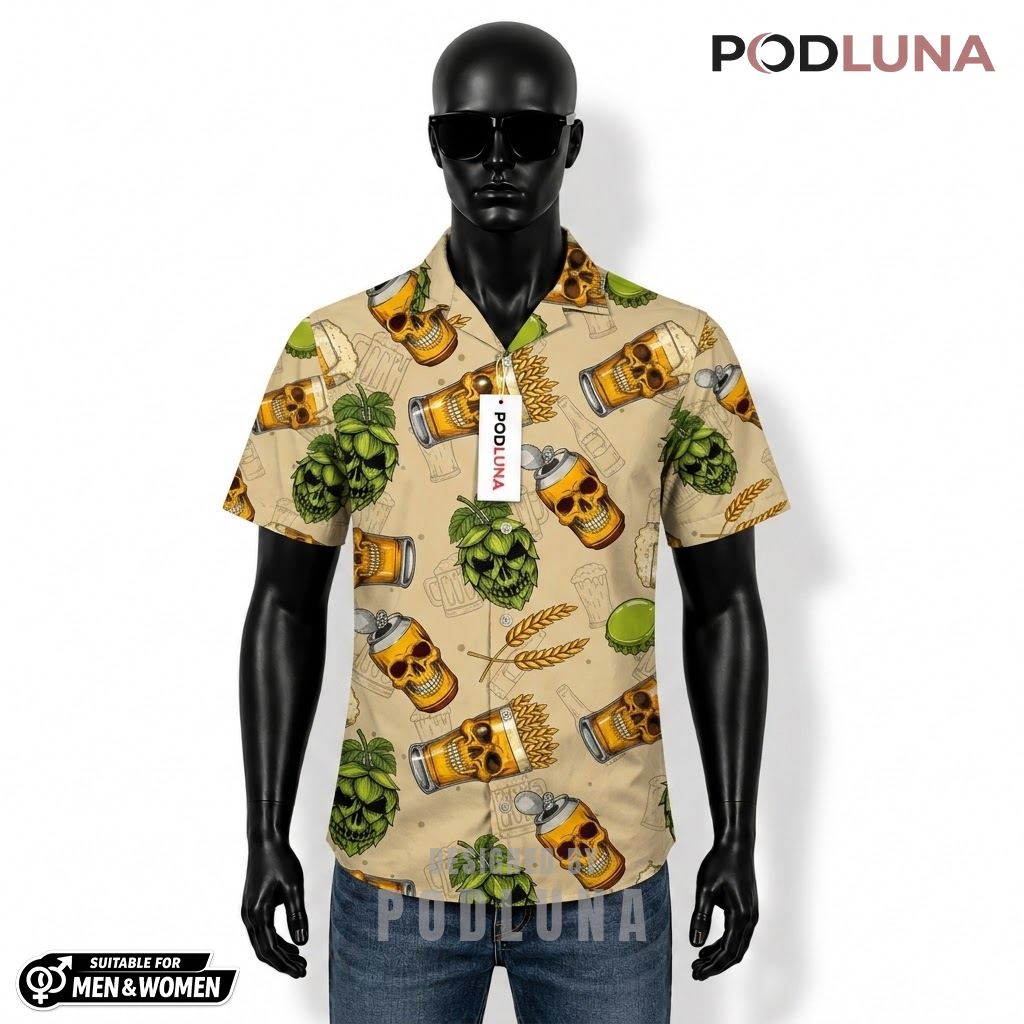 Skull Beer Hawaiian Shirt Hops Cream Pattern Front