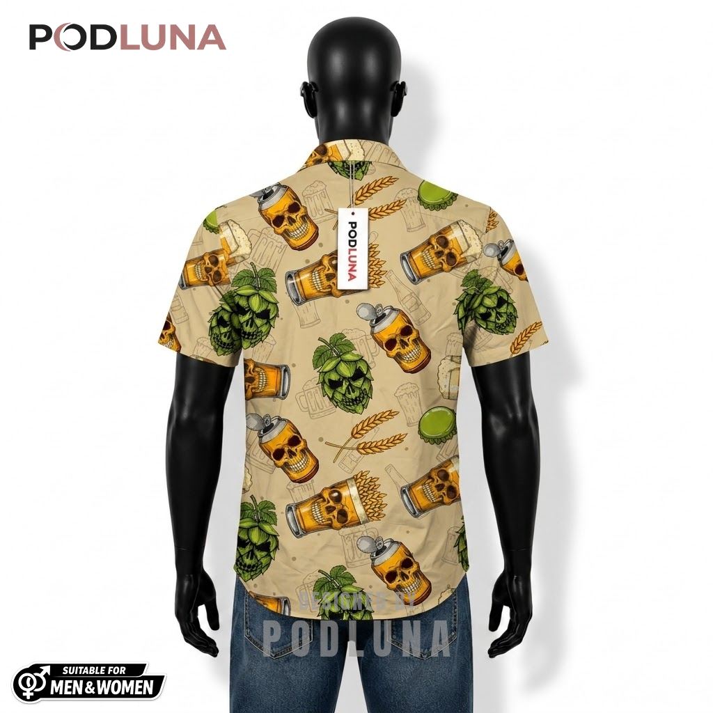 Skull Beer Hawaiian Shirt Hops Cream Pattern Back Skull Beer Hawaiian Shirt Hops Cream Pattern Back