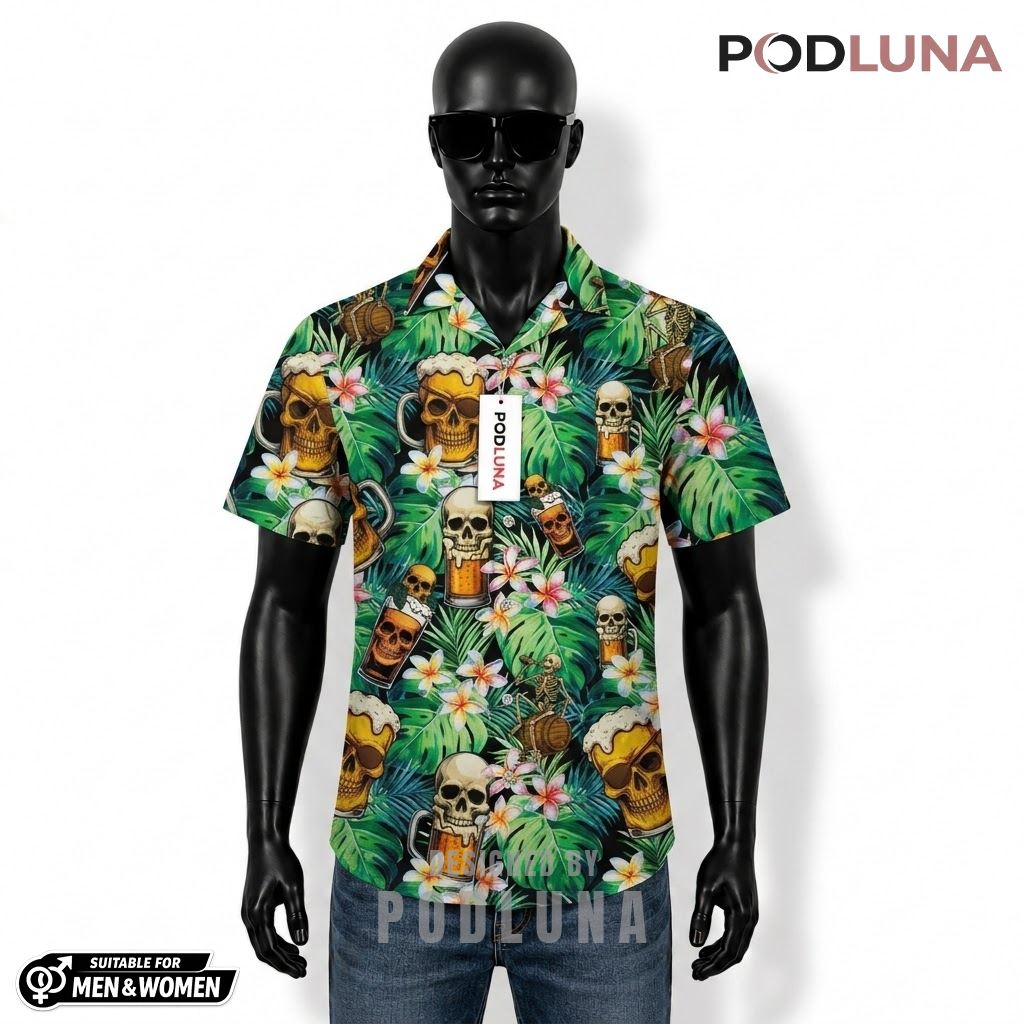 Skull Beer Hawaiian Shirt Plumeria Tropical Pattern Front