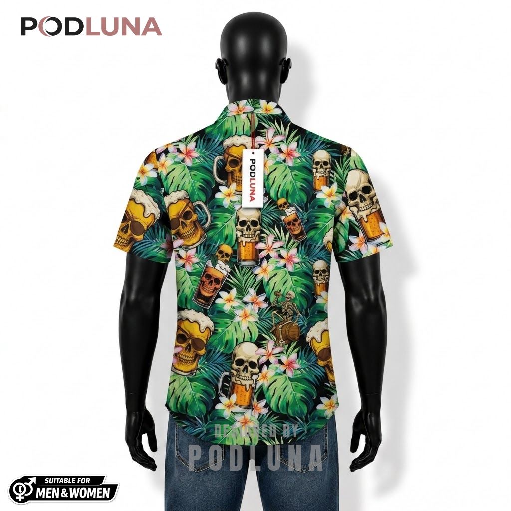 Skull Beer Hawaiian Shirt Plumeria Tropical Pattern Back Skull Beer Hawaiian Shirt Plumeria Tropical Pattern Back