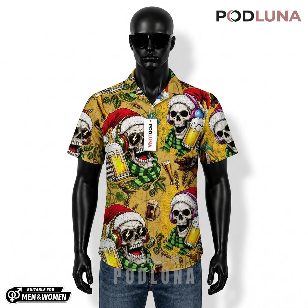 Skull Beer Hawaiian Shirt Santa Headphone Pattern Front