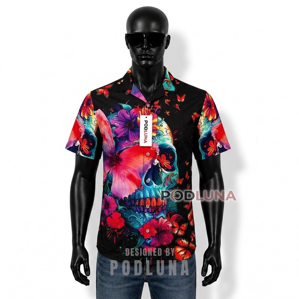 Skull Butterfly Floral Hawaiian Shirt Front