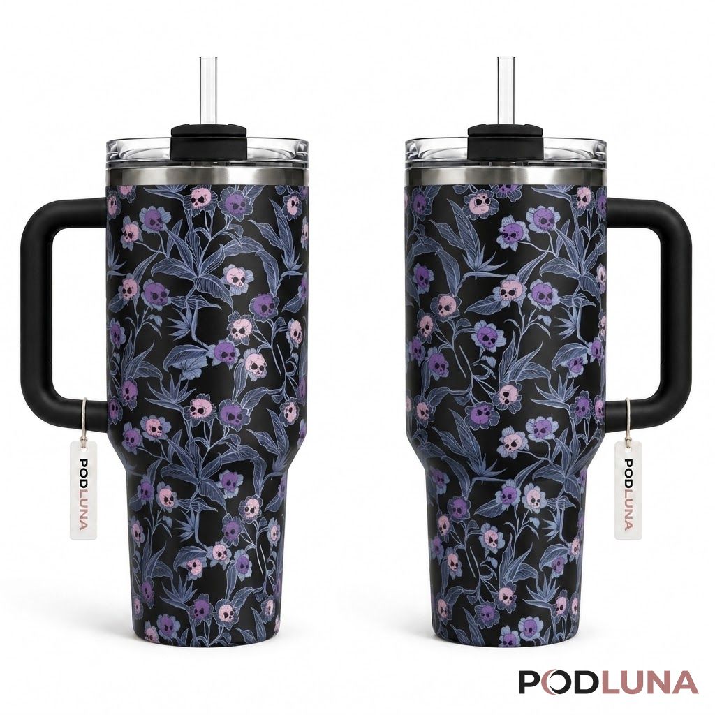 Skull Flower Halloween Tumbler 40oz Botanical Vine Pattern Design