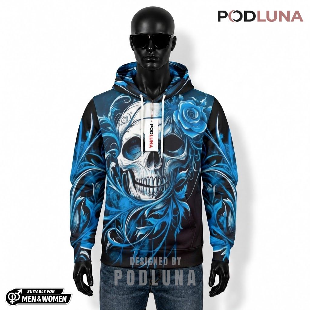 Skull Halloween 3D Hoodie Blue Rose Floral Vine Print 1
