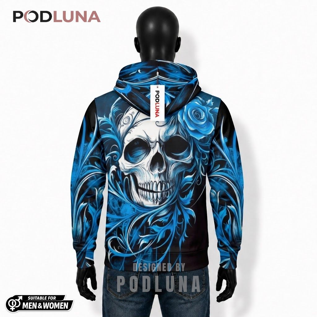 Skull Halloween 3D Hoodie Blue Rose Floral Vine Print 2 Skull Halloween 3D Hoodie Blue Rose Floral Vine Print 2