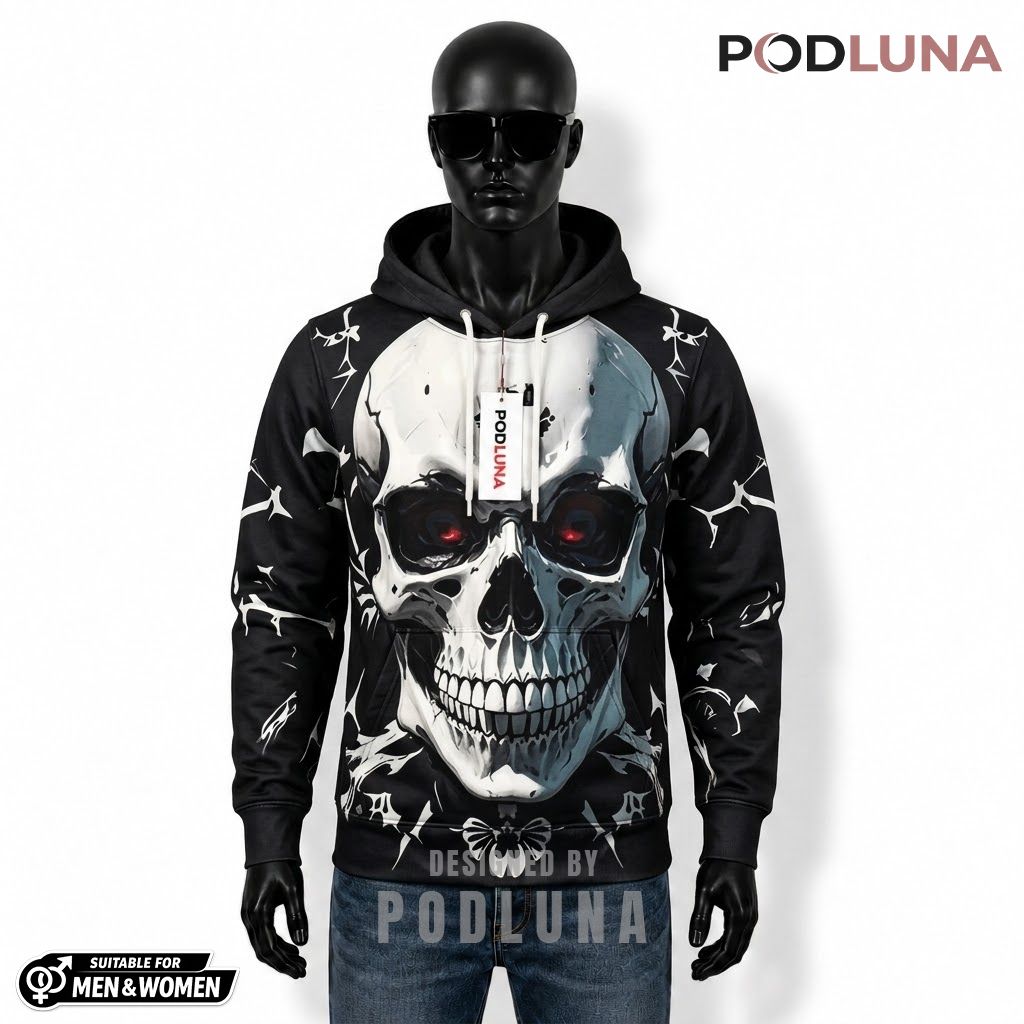 Skull Halloween 3D Hoodie Chrome Metallic Crossbone Print 1
