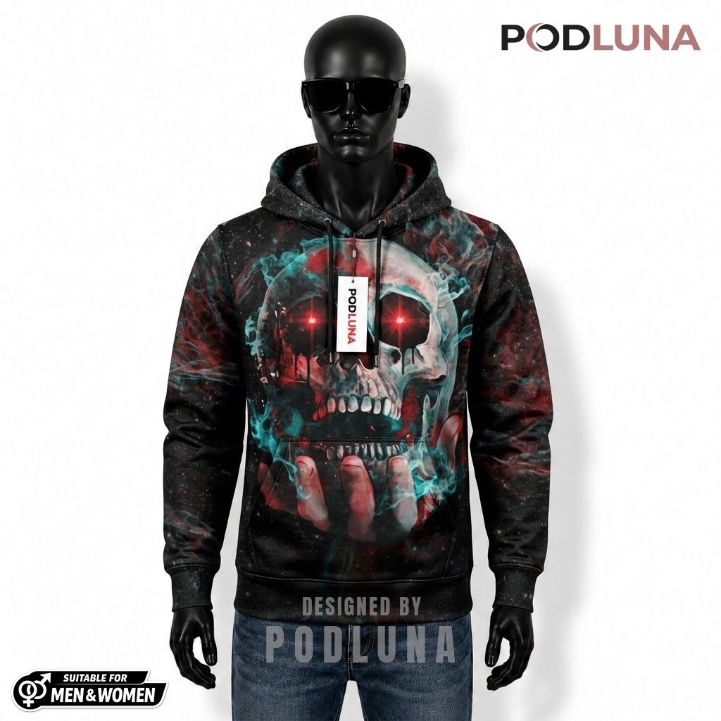 Skull Halloween 3D Hoodie Cosmic Smoke Hand Grip Print 1