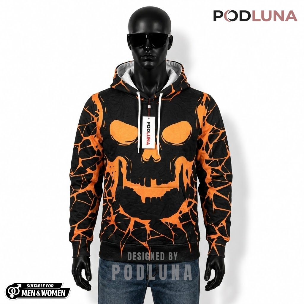 Skull Halloween 3D Hoodie Cracked Lava Orange Black Print 1