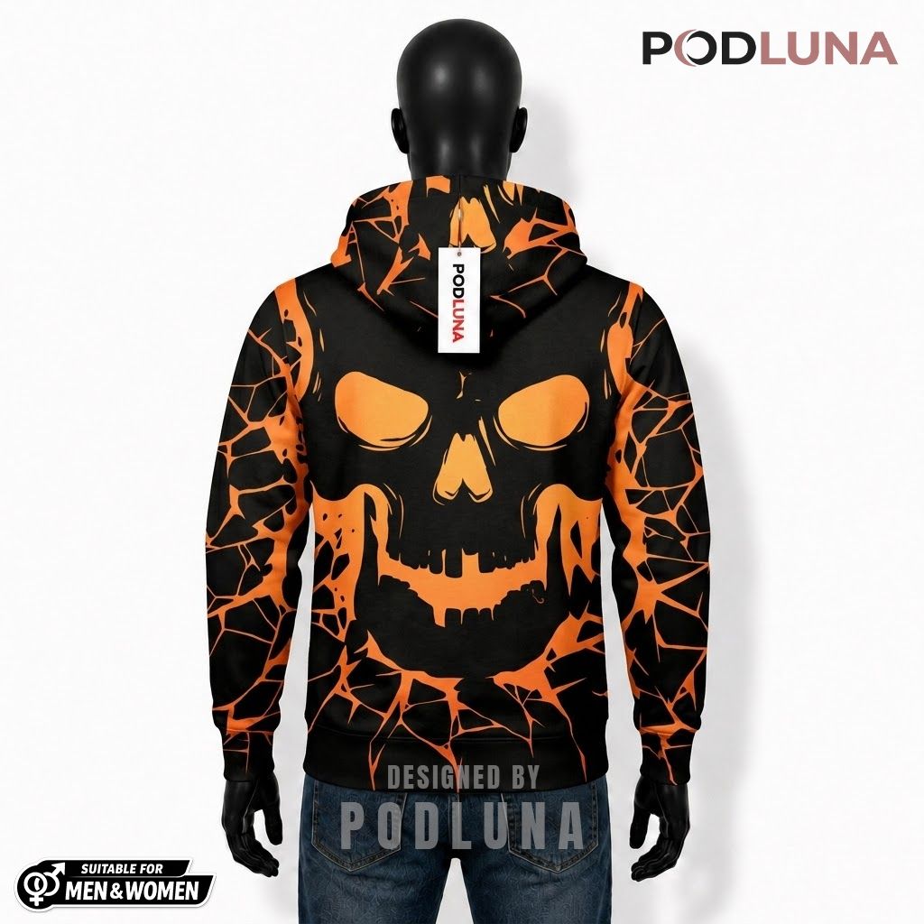Skull Halloween 3D Hoodie Cracked Lava Orange Black Print 2 Skull Halloween 3D Hoodie Cracked Lava Orange Black Print 2