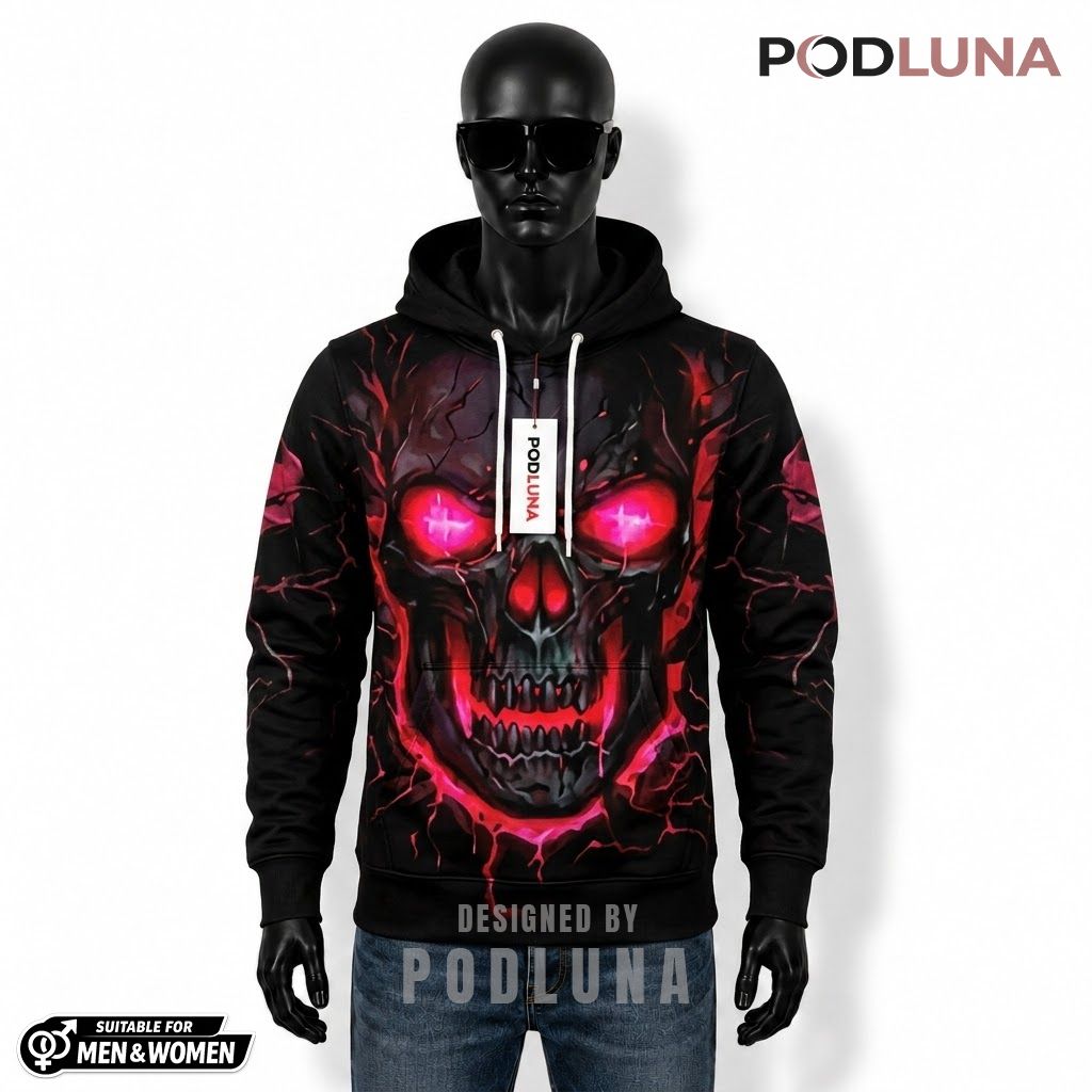 Skull Halloween 3D Hoodie Crimson Glowing Eye Crack Print 1