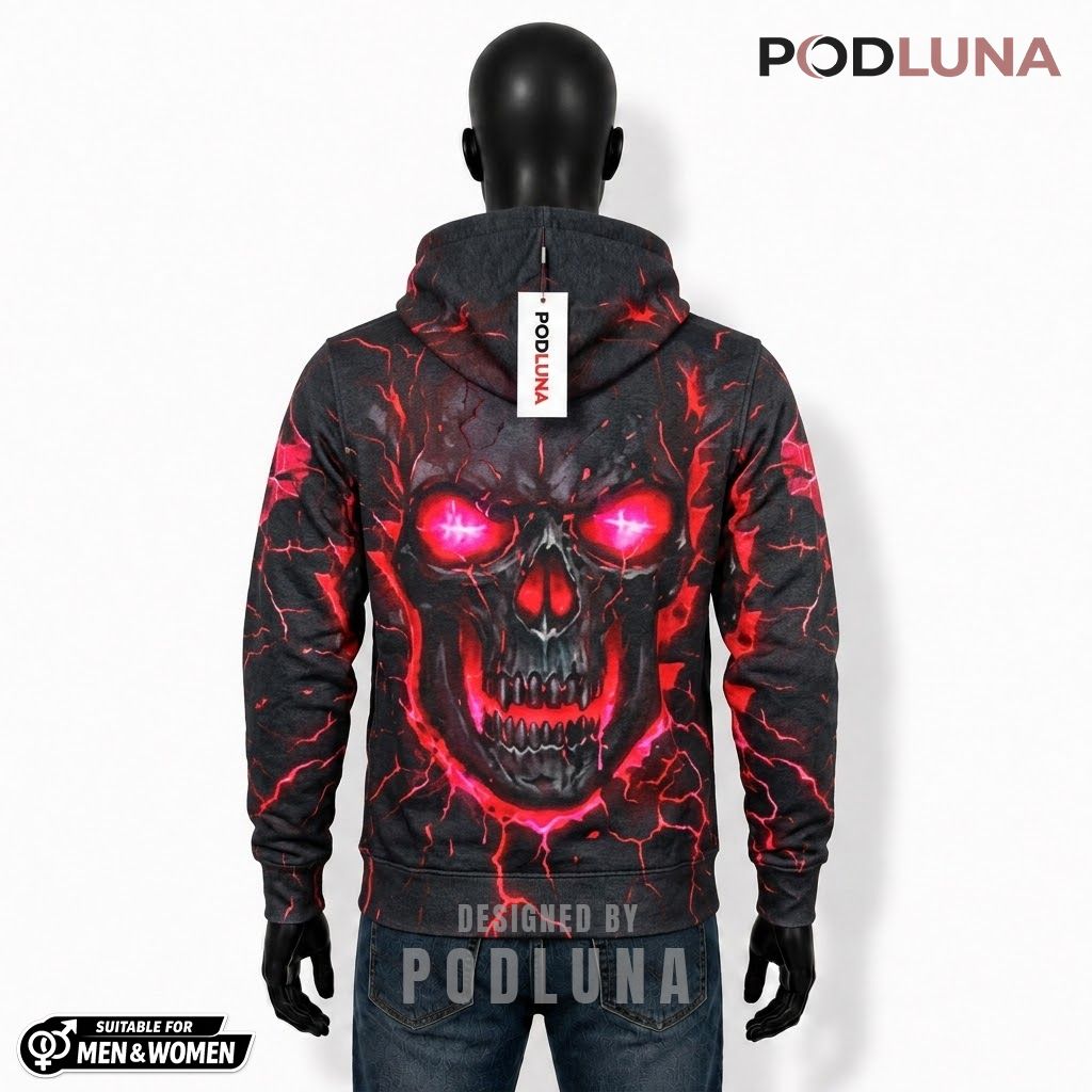Skull Halloween 3D Hoodie Crimson Glowing Eye Crack Print 2 Skull Halloween 3D Hoodie Crimson Glowing Eye Crack Print 2
