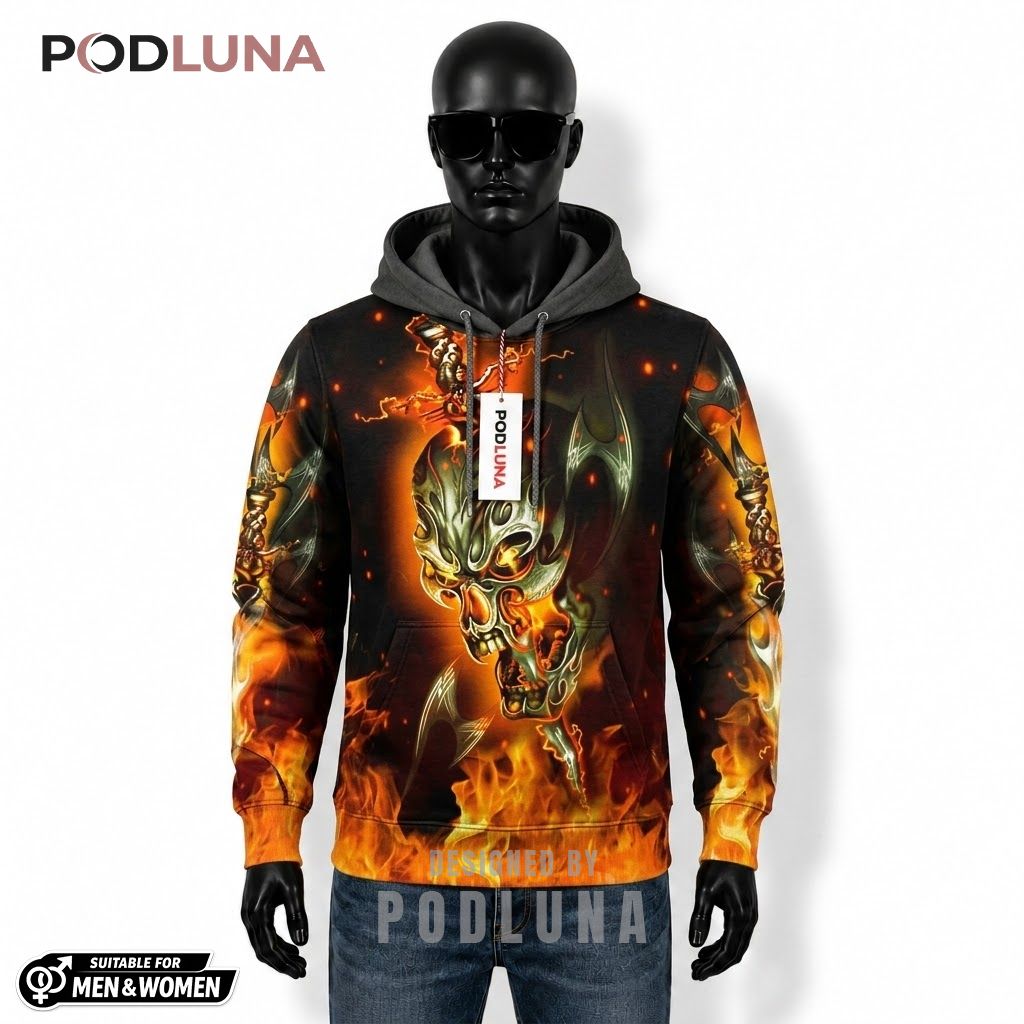 Skull Halloween 3D Hoodie Flame Lightning Torch Black 1