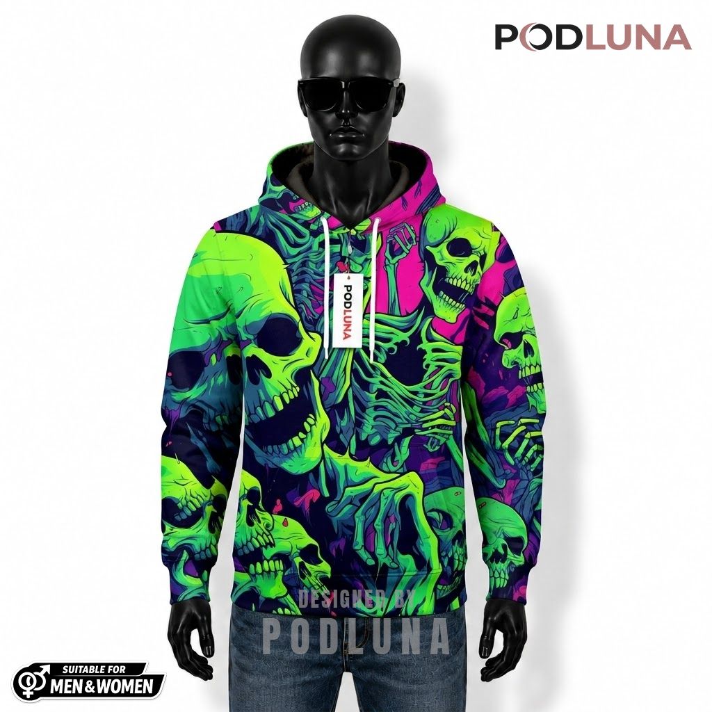Skull Halloween 3D Hoodie Neon Green Pink Pop Art 1