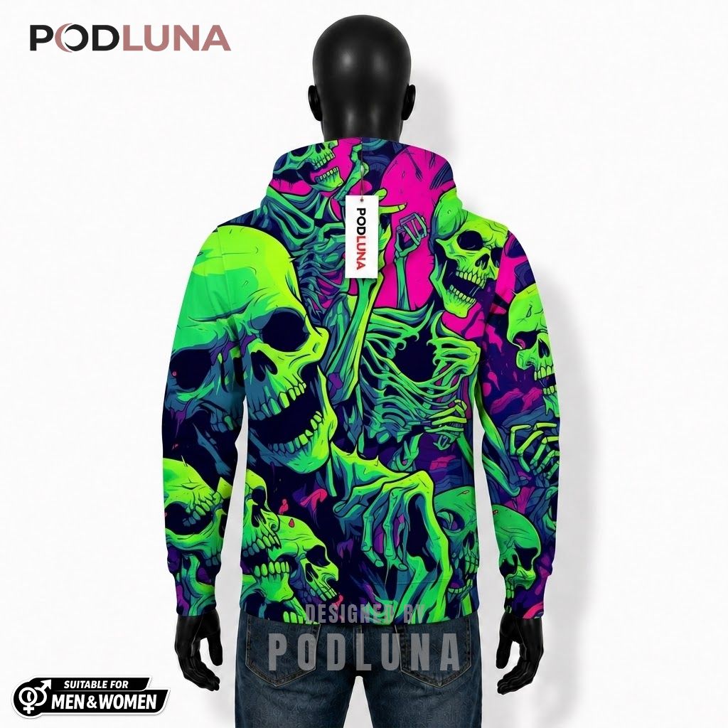 Skull Halloween 3D Hoodie Neon Green Pink Pop Art 2 Skull Halloween 3D Hoodie Neon Green Pink Pop Art 2