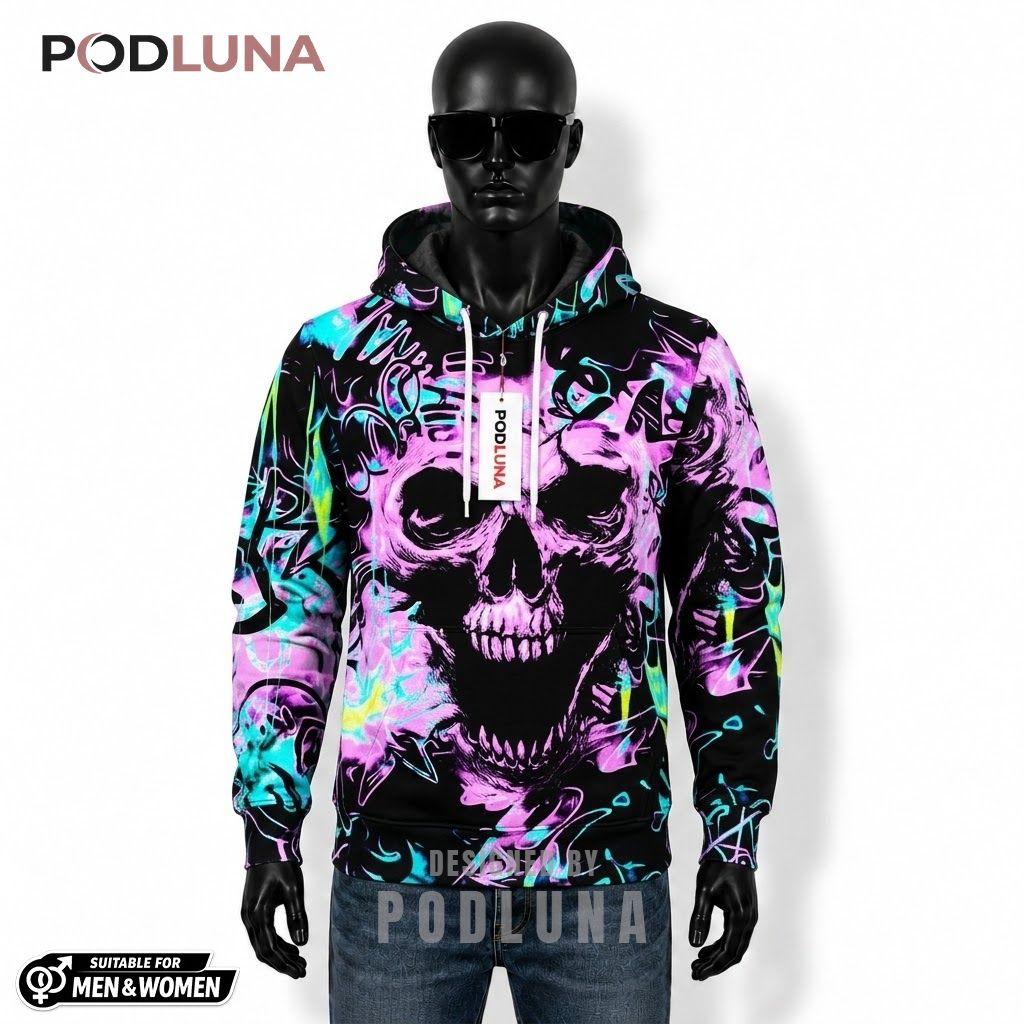 Skull Halloween 3D Hoodie Pink Graffiti Abstract Black 1