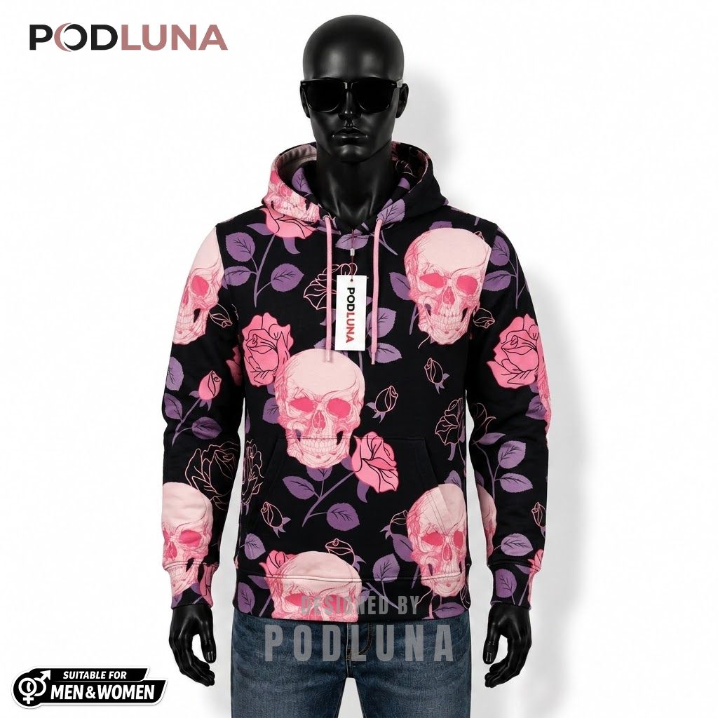 Skull Halloween 3D Hoodie Pink Rose Floral Black Pattern 1