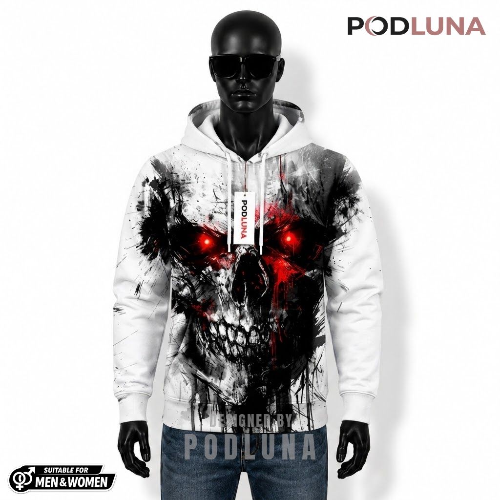 Skull Halloween 3D Hoodie Red Eyes Ink Splatter White 1