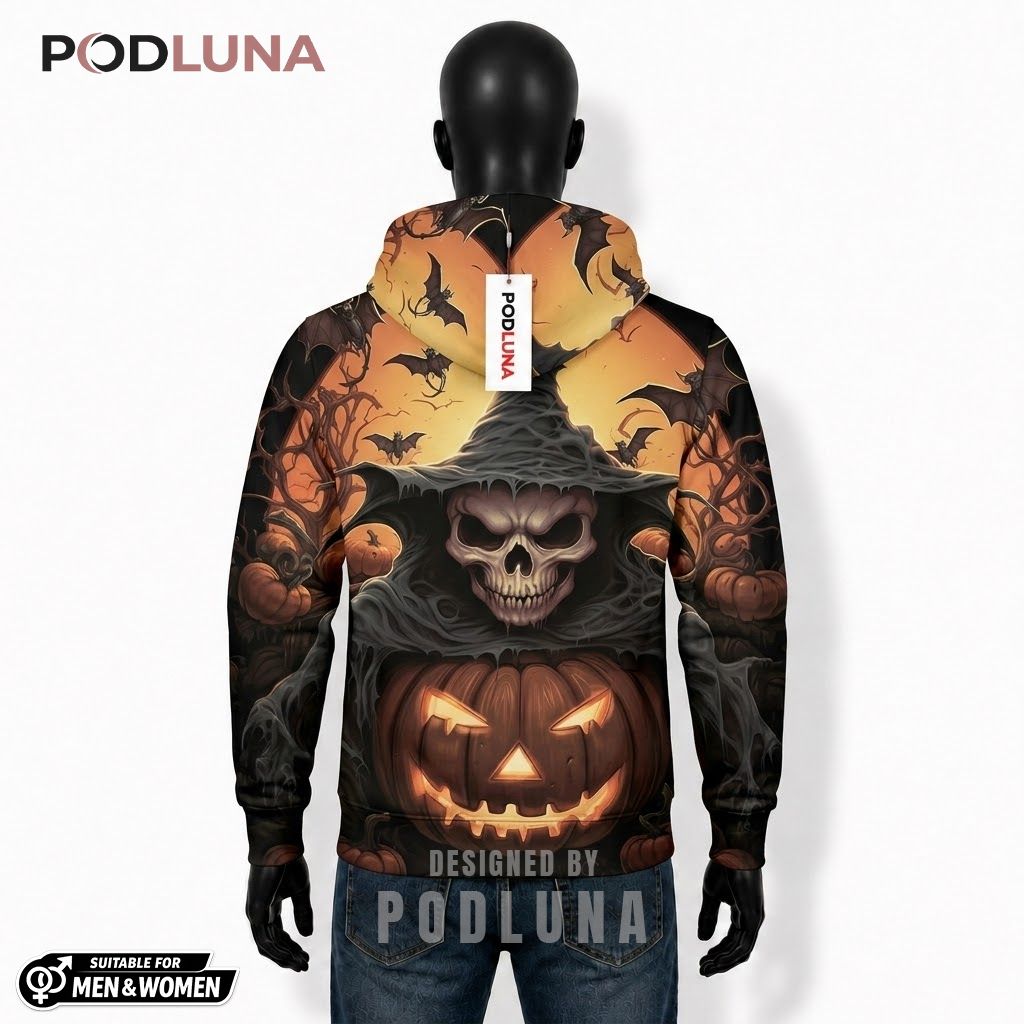 Skull Halloween 3D Hoodie Witch Hat Orange Moon 2 Skull Halloween 3D Hoodie Witch Hat Orange Moon 2