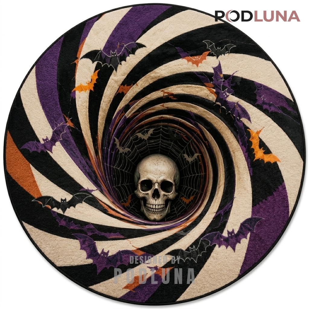 Skull Halloween 3D Rug Swirling Bats Cobweb Striped Vortex
