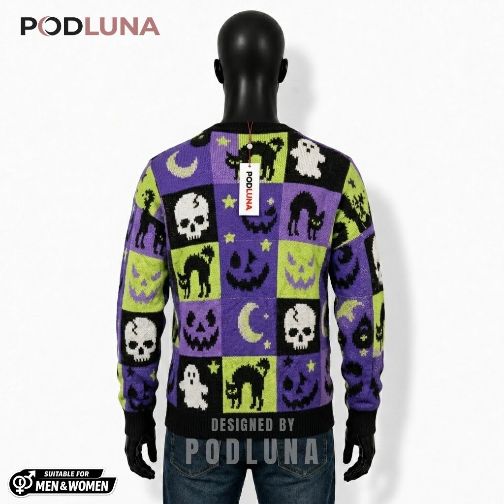 Skull Halloween Cardigan Checker Black Cat Ghost 2 Skull Halloween Cardigan Checker Black Cat Ghost 2