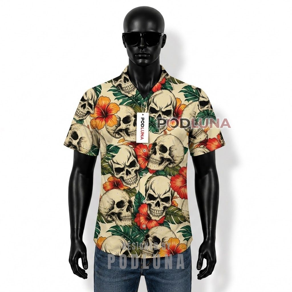 Skull Hibiscus Tropical Hawaiian Shirt Front