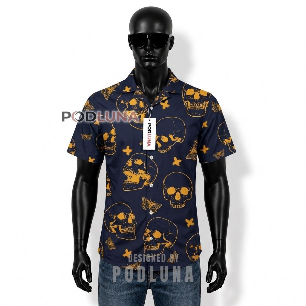 Skull Moth Navy Hawaiian Shirt Front