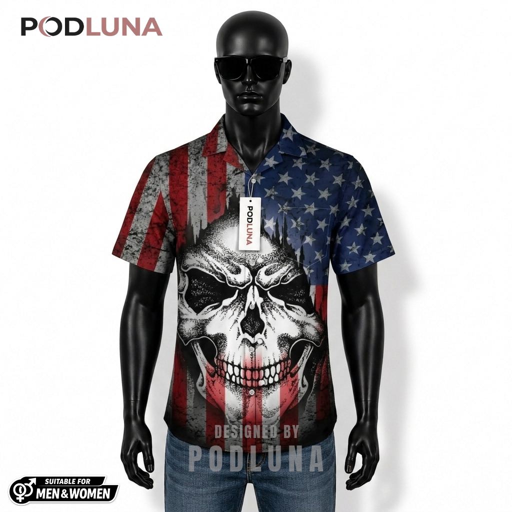 Skull Patriotic Hawaiian Shirt USA Flag Grunge Design Front