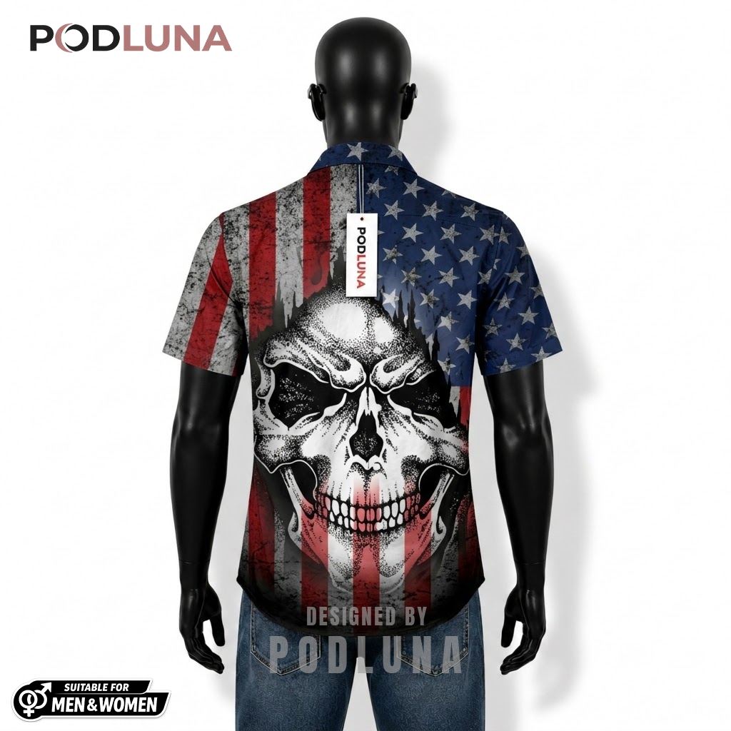 Skull Patriotic Hawaiian Shirt USA Flag Grunge Design Back Skull Patriotic Hawaiian Shirt USA Flag Grunge Design Back