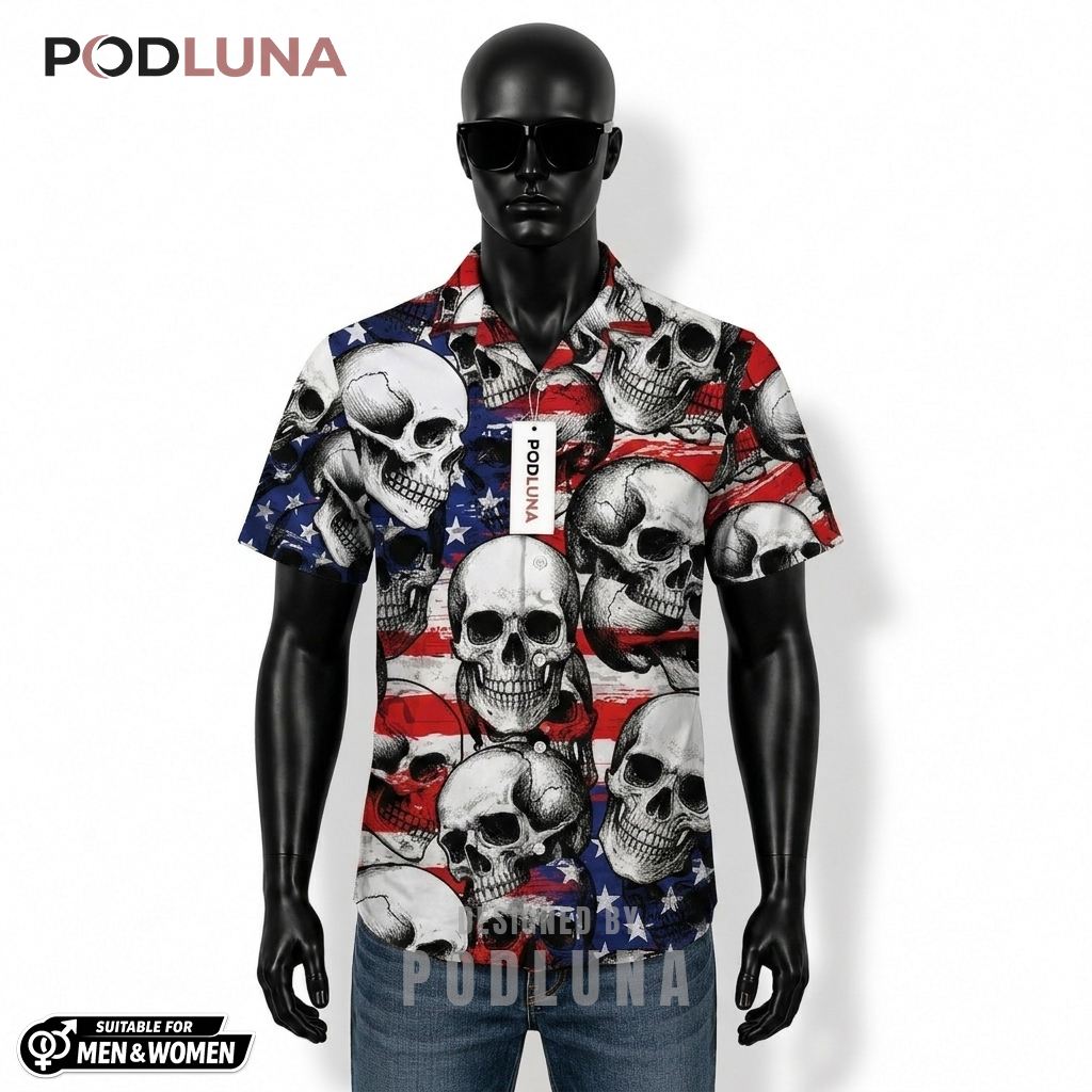 Skull Patriotic Hawaiian Shirt USA Flag Stack Print Design Front