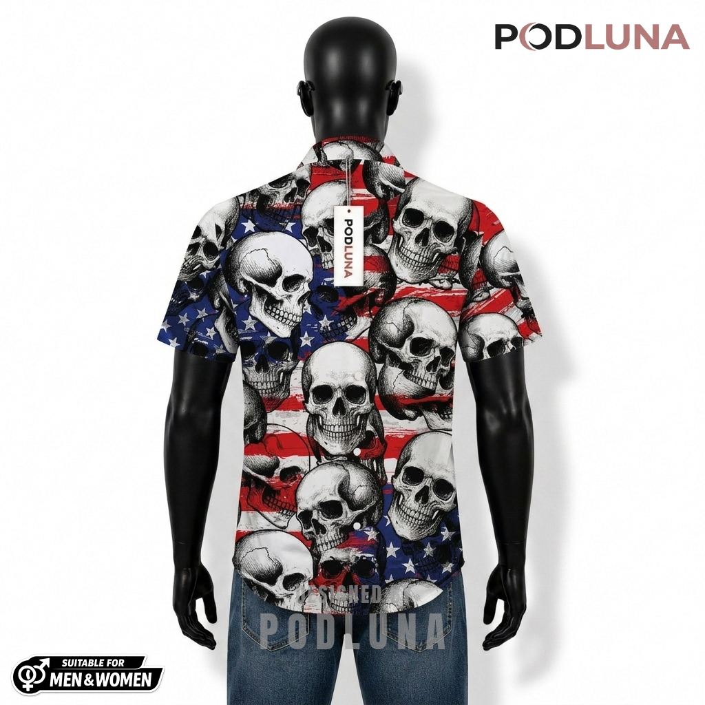 Skull Patriotic Hawaiian Shirt USA Flag Stack Print Design Back Skull Patriotic Hawaiian Shirt USA Flag Stack Print Design Back
