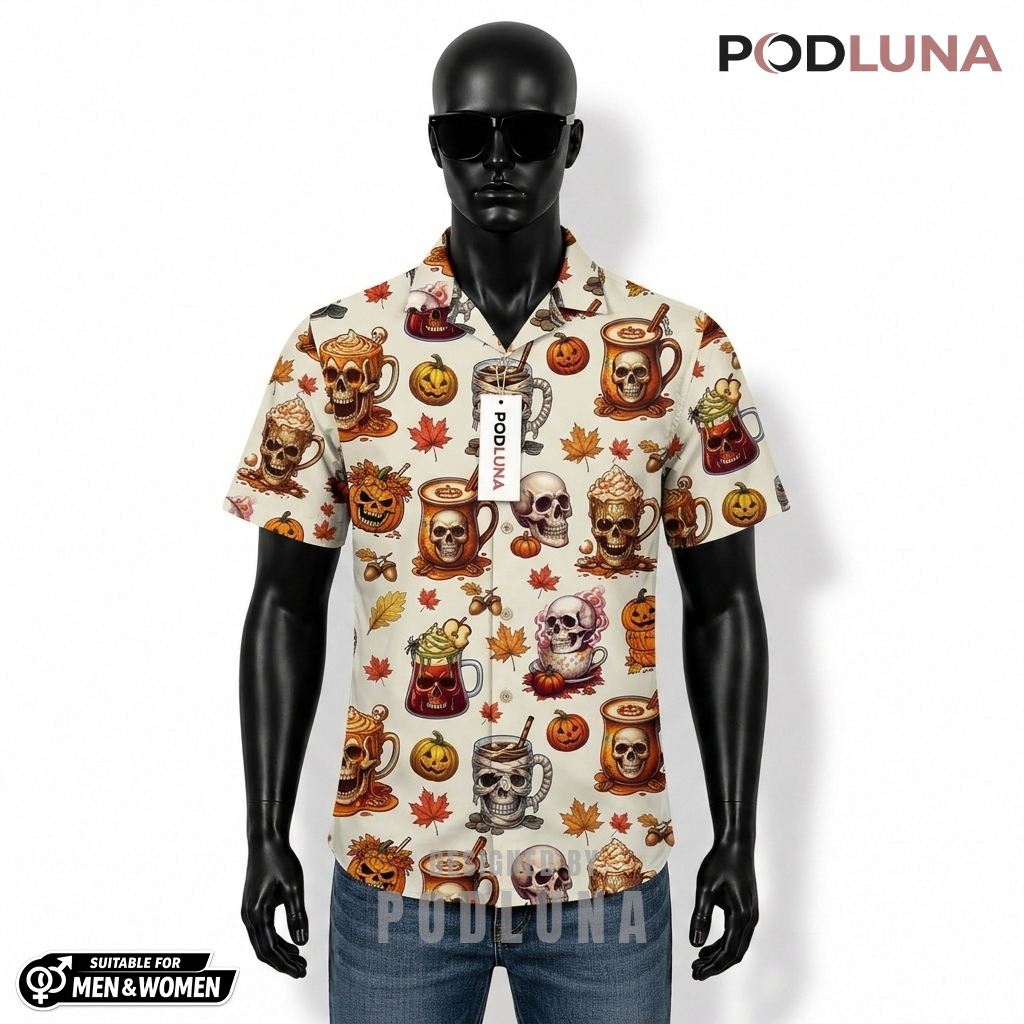 Skull Pumpkin Spice Coffee Halloween Hawaiian Shirt Autumn Leaves Front