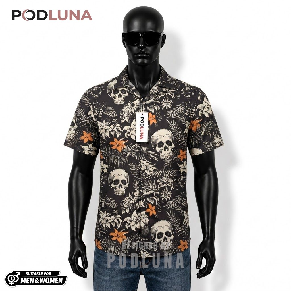 Skull Tropical Floral Halloween Hawaiian Shirt Front