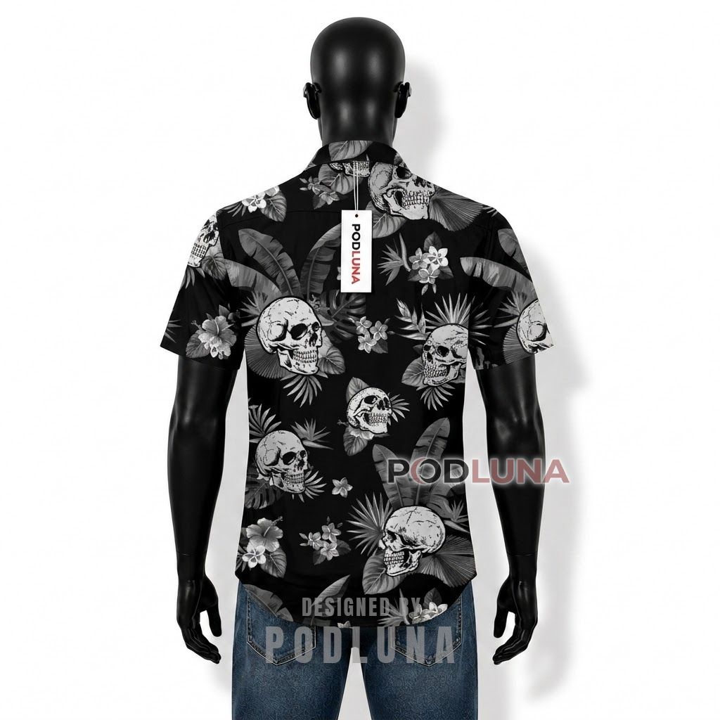 Skull Tropical Leaf Hawaiian Shirt Back Skull Tropical Leaf Hawaiian Shirt Back