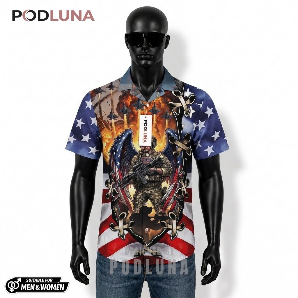 Soldier Patriotic Hawaiian Shirt Angel Wings Flag Print Front