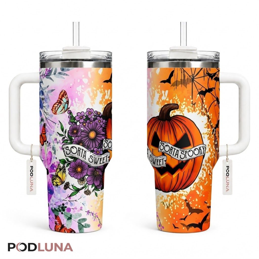 Sorta Sweet Halloween Tumbler 40oz Spooky Pumpkin Butterfly Design