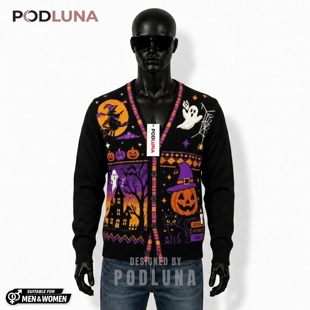 Spells Halloween Cardigan Witch Ghost Pumpkin 1