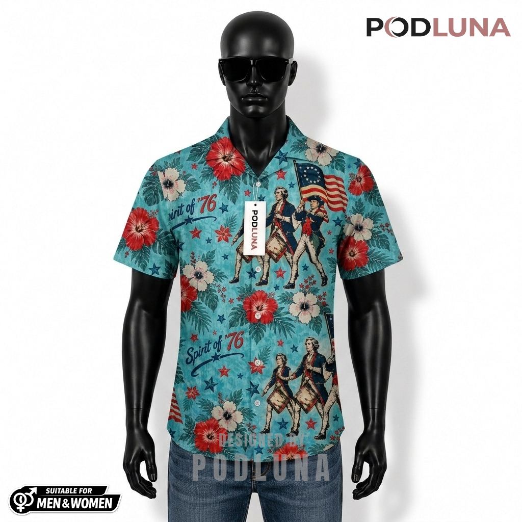 Spirit Of 76 Patriotic Hawaiian Shirt Hibiscus Flag Print Front