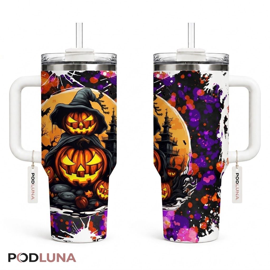 Splatter Paint Halloween Tumbler 40oz Jack O Lantern Witch Hat Design
