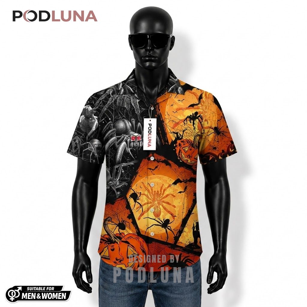 Split Spider Halloween Hawaiian Shirt Pumpkin Full Moon Front