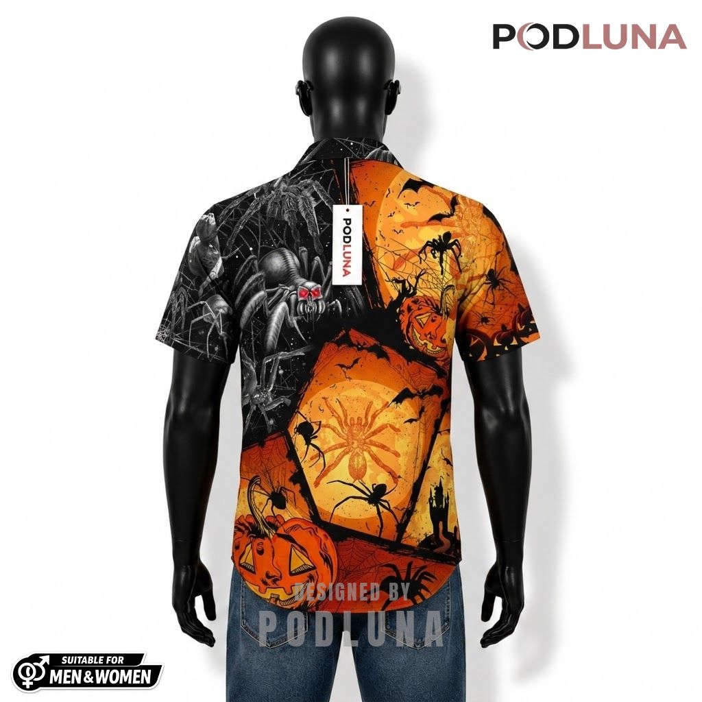 Split Spider Halloween Hawaiian Shirt Pumpkin Full Moon Back Split Spider Halloween Hawaiian Shirt Pumpkin Full Moon Back