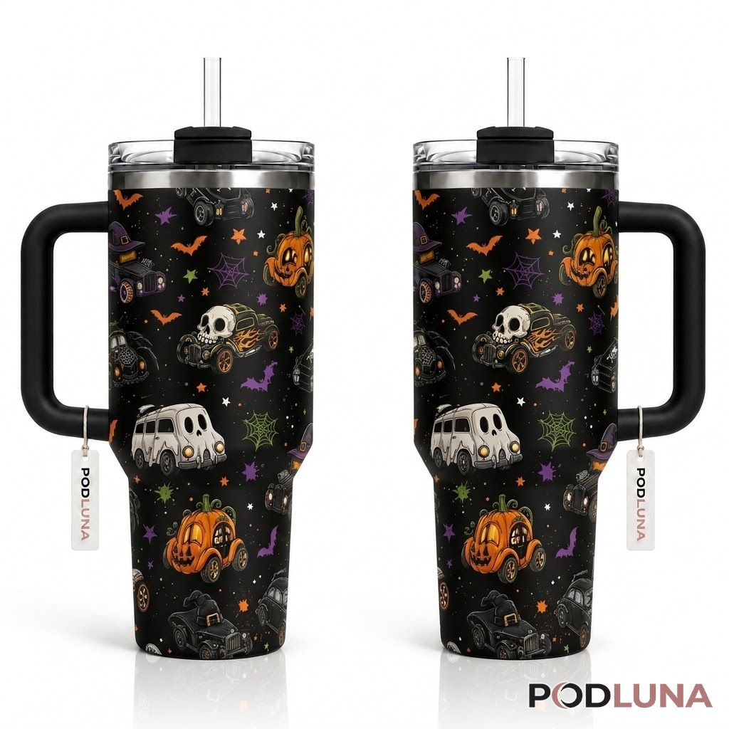 Spooky Car Halloween Tumbler 40oz Skull Pumpkin Witch Hat Design