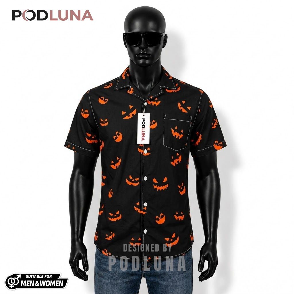 Spooky Face Halloween Hawaiian Shirt Minimal Pumpkin Silhouette Front
