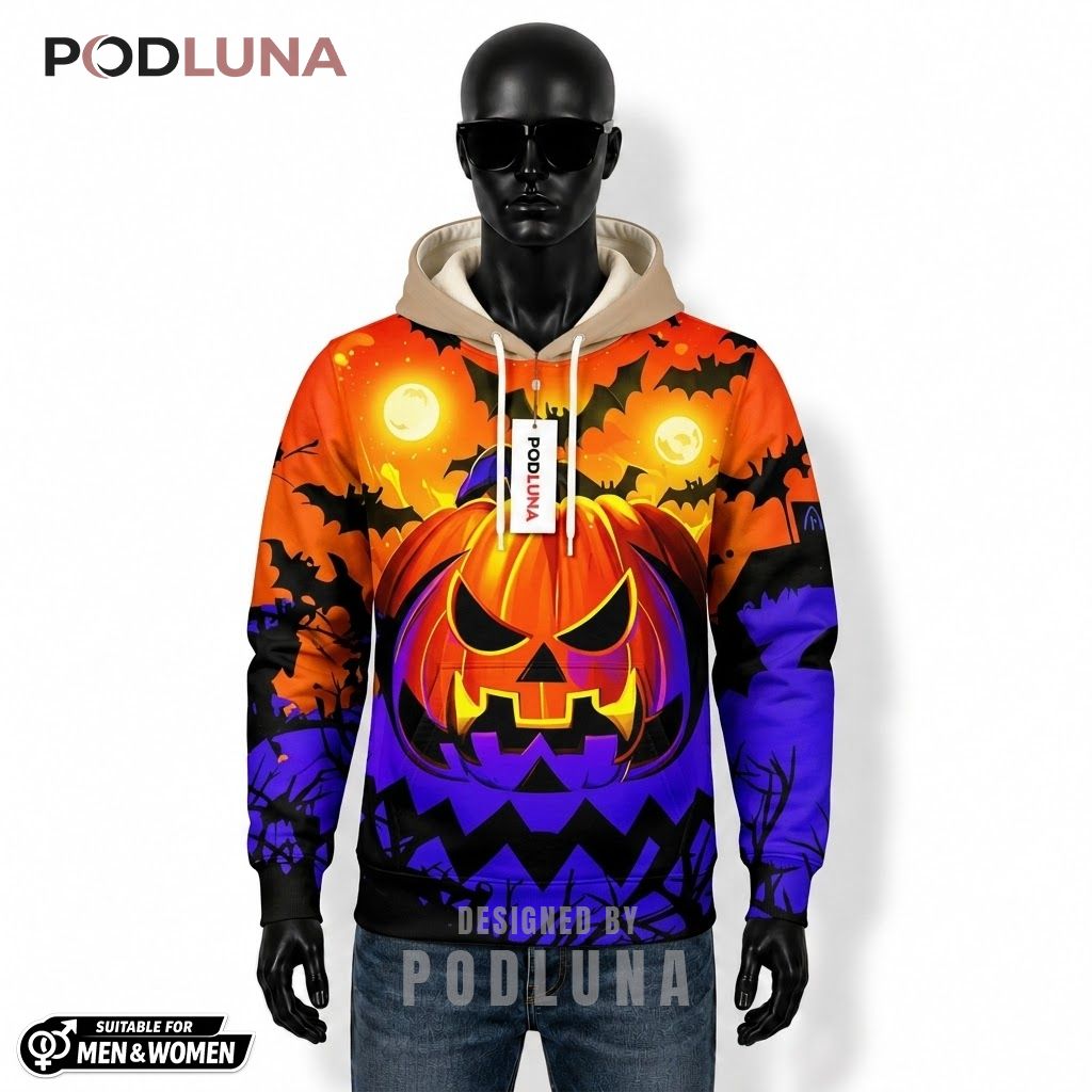 Spooky Halloween 3D Hoodie Glowing Jack O Lantern Bats 1