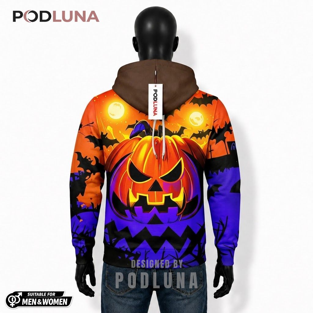 Spooky Halloween 3D Hoodie Glowing Jack O Lantern Bats 2 Spooky Halloween 3D Hoodie Glowing Jack O Lantern Bats 2