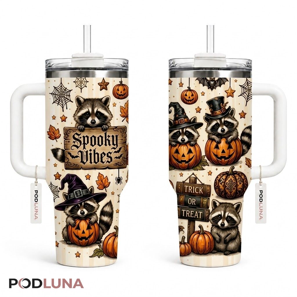 Spooky Raccoon Halloween Tumbler 40oz Pumpkin Trick Or Treat Design