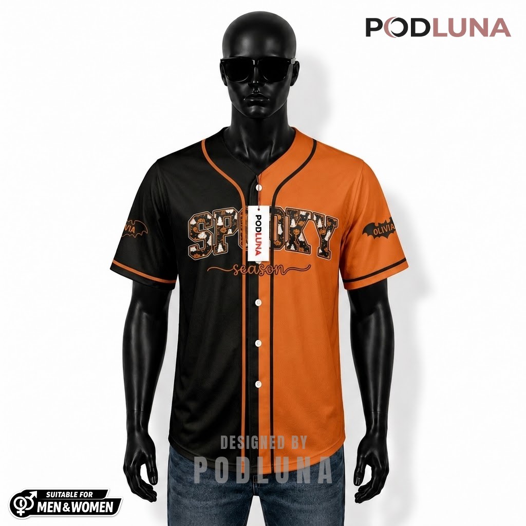 Spooky Season Halloween Baseball Jersey Ghost Boos Orange Black 1