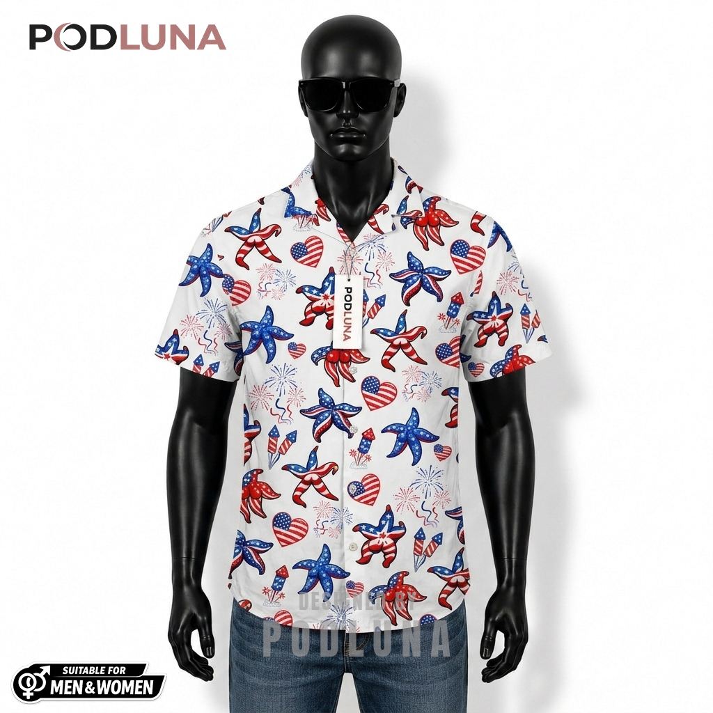 Starfish Patriotic Hawaiian Shirt USA Heart Rocket Design Front