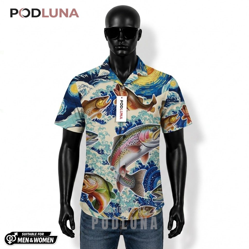 Starry Fishing Hawaiian Shirt Trout Ocean Wave Art Front